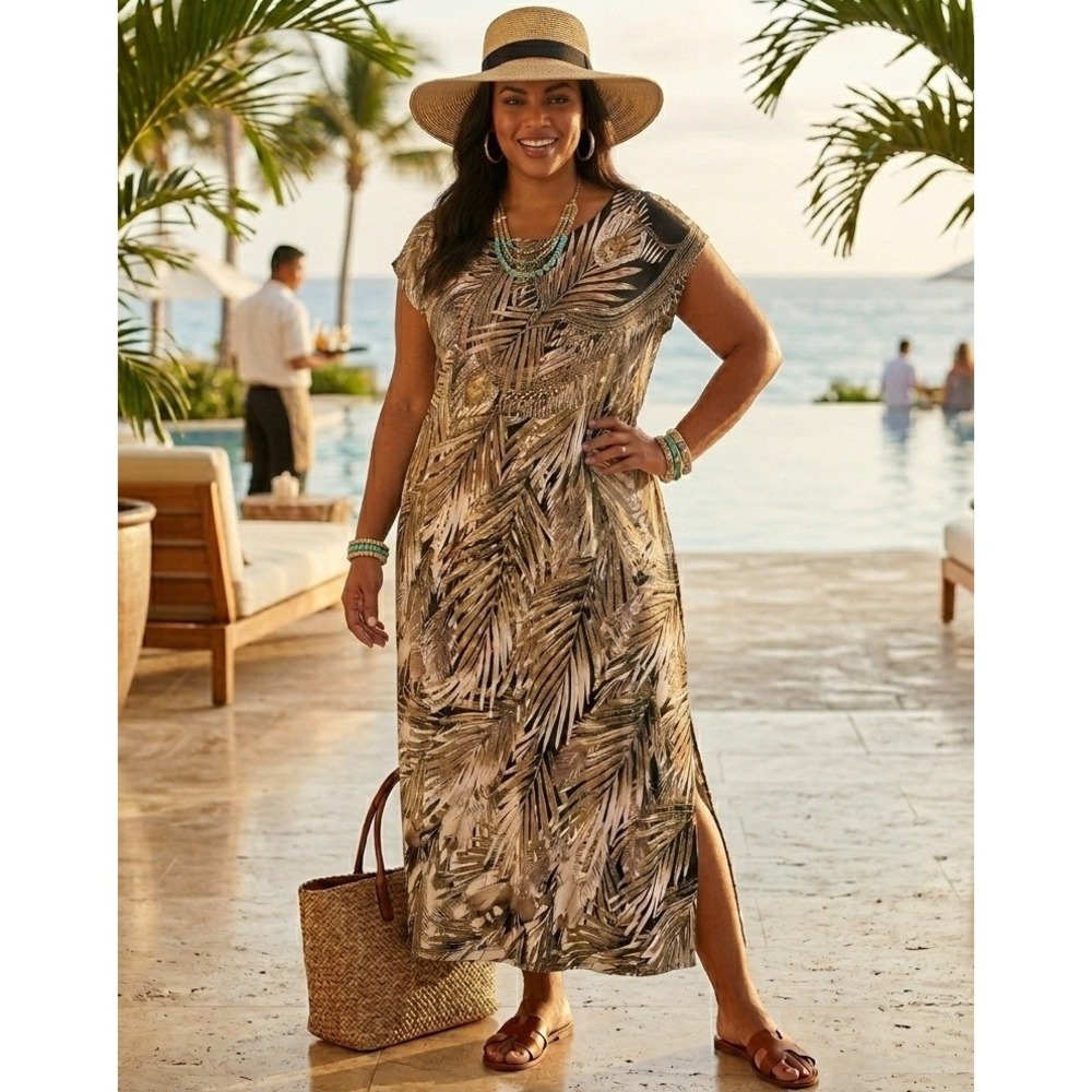 Bob Mackie Maxi Dress Women 1X Brown Tropical Palm Leaf Vacation Cruise